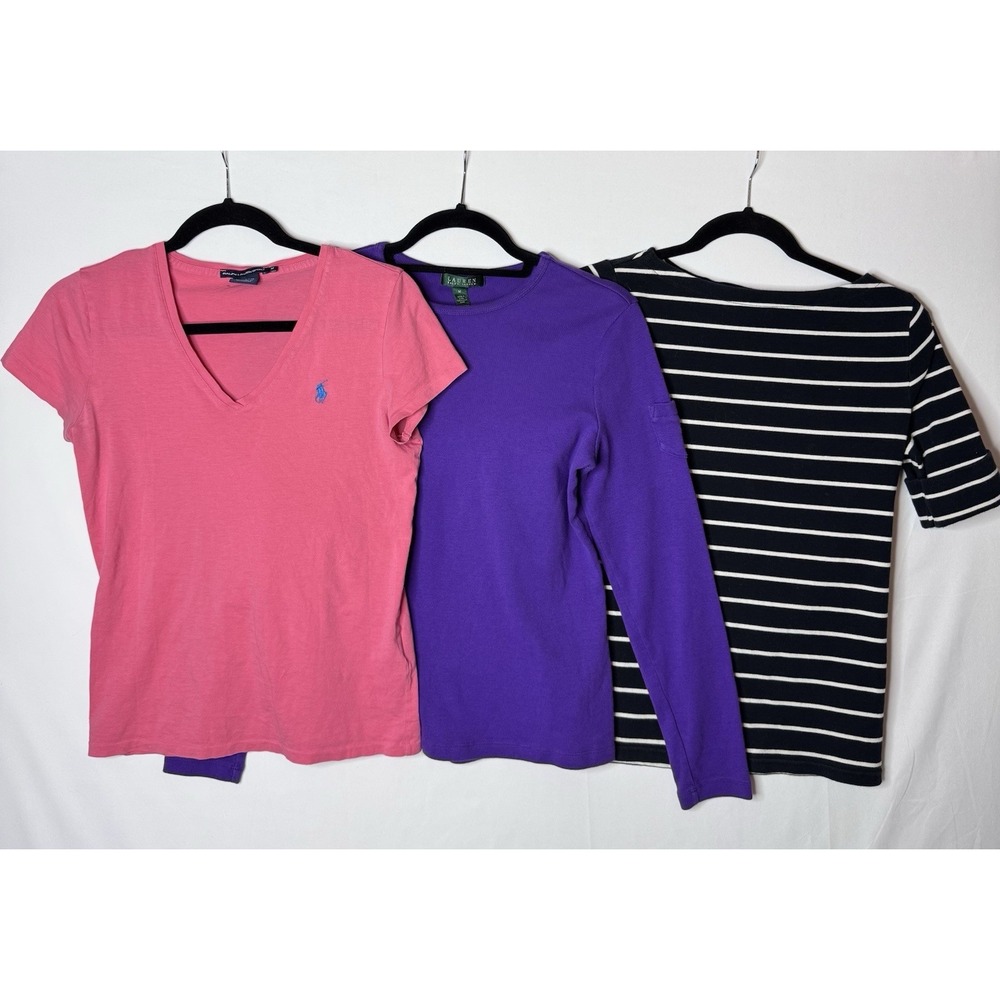 Set‎ of 3 Ralph Lauren Polo Shirt Womens M Pink Purple Pony Striped Preppy Cute